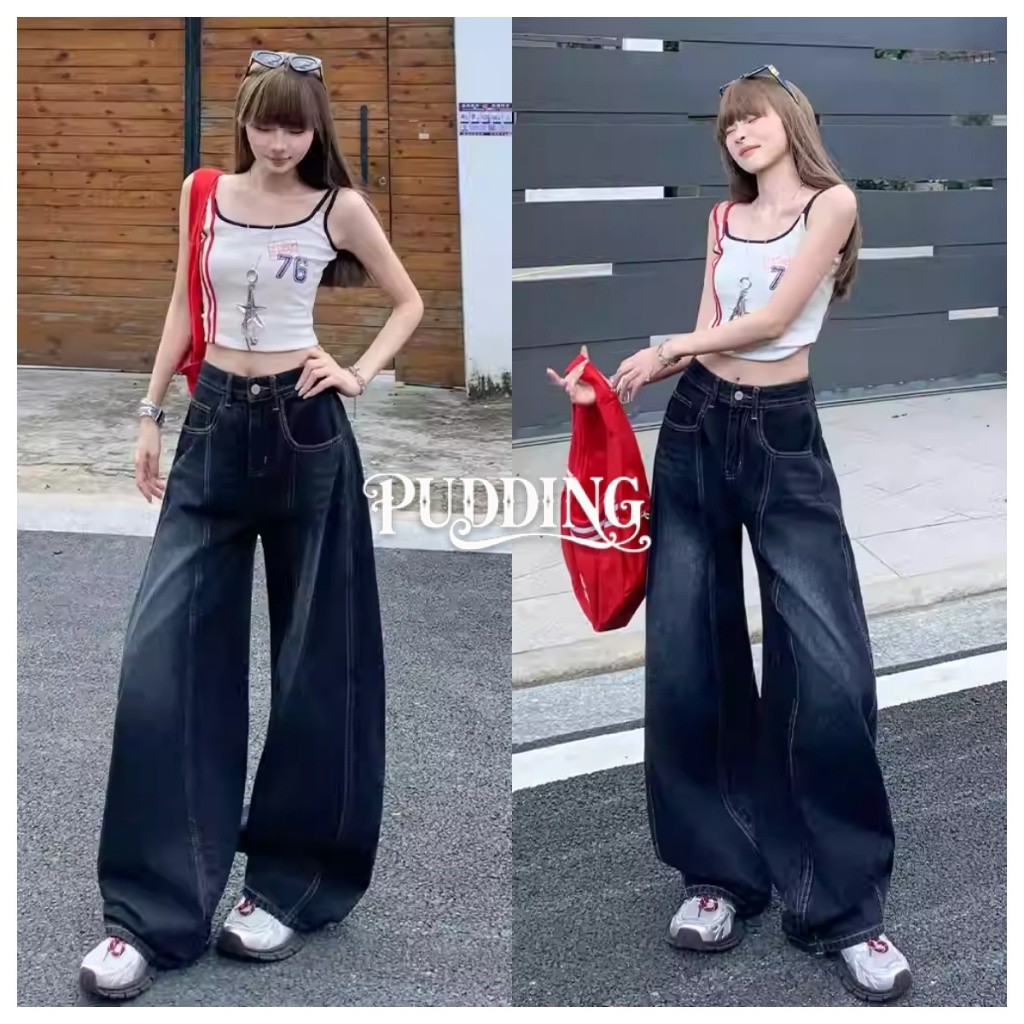 PUDDING พร้อมส่ง【กางเกงยีนส์ผู้หญิง】 สไตล์ขากว้างหลวมๆ เอวสูง ดีเทล ถัดลายตัวอักษรด้านหลัง-NZ1963