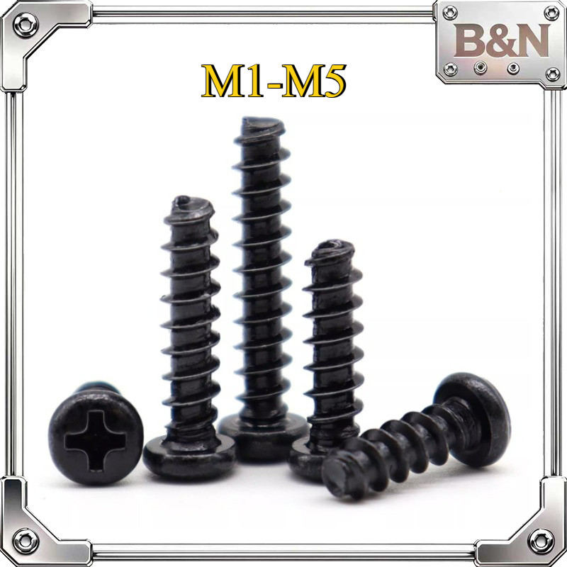 PB plus เหล็กแข็งเหล็กคาร์บอนสีดําหัวกลมข้ามหางแบนสกรูแตะตัวเองหัวกระทะสกรูขนาดเล็ก M1-M5B&N