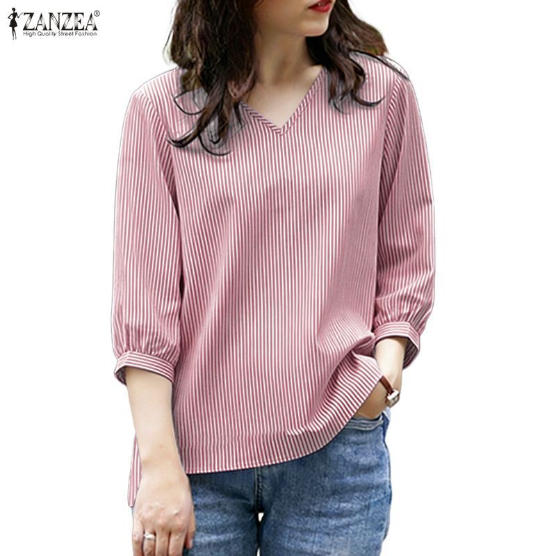 ZANZEA ผู้หญิงเกาหลี Minimalist Casual V คอ 3/4 แขนโคมไฟหลวมฤดูใบไม้ผลิฤดูใบไม้ร่วงเสื้อลาย