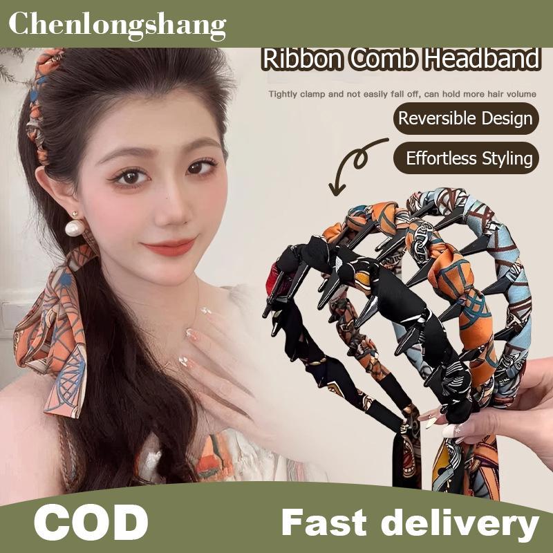 Chenlongshang Ribbon Comb , คลื่นวินเทจพร้อมริบบิ้นลายดอกไม้และหวี - ที่คาดผมผลมงกุฎสูงแบบพลิกกลับได้ EN