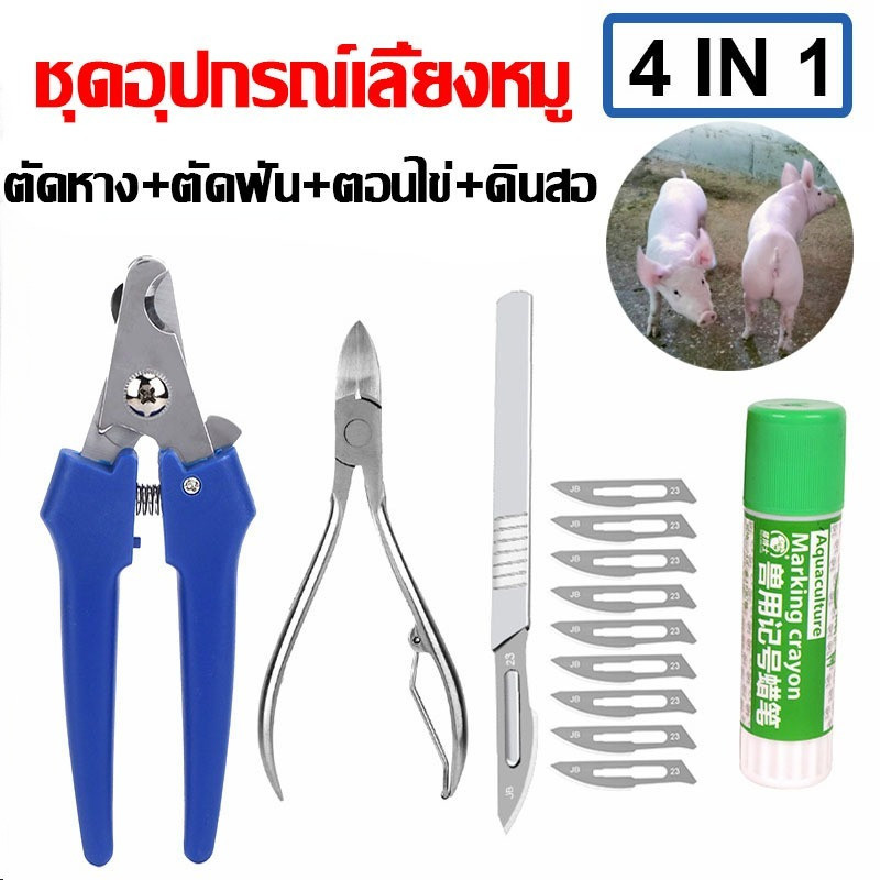 ชุดอุปกรณ์เลี้ยงหมู 3in1 กรรไกรตัดฟันหมู คีมตัดหางหมู 4ชิ้นครบชุด พร้อมใช้งาน ส่งในไทย