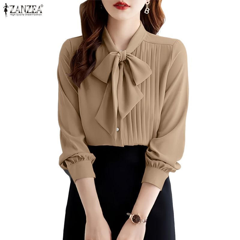 เสื้อแขนยาวสไตล์เกาหลีเรียบหรูสำหรับผู้หญิง ดีไซน์ feminie bowknot tie-up collar pleats splicing