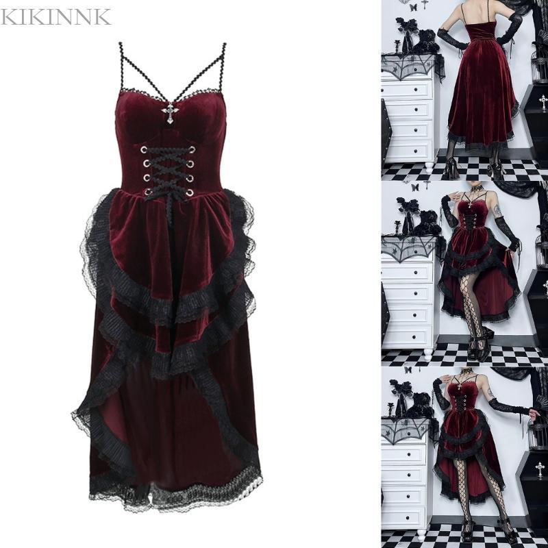 KIKIN แขนกุดลูกไม้ Maxi ชุดลําลอง Punk Gothic ชุด Vintage ชุดต่ําสําหรับผู้หญิงสาว Gothic Steampunk 