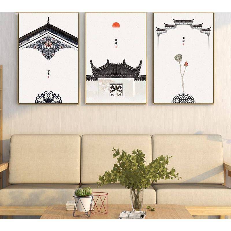 สไตล์จีน Huizhou สถาปัตยกรรม Wall Art ภาพวาดผ้าใบโปสเตอร์สําหรับห้องนั่งเล่นโซฟาพื้นหลัง Teahouse ร้
