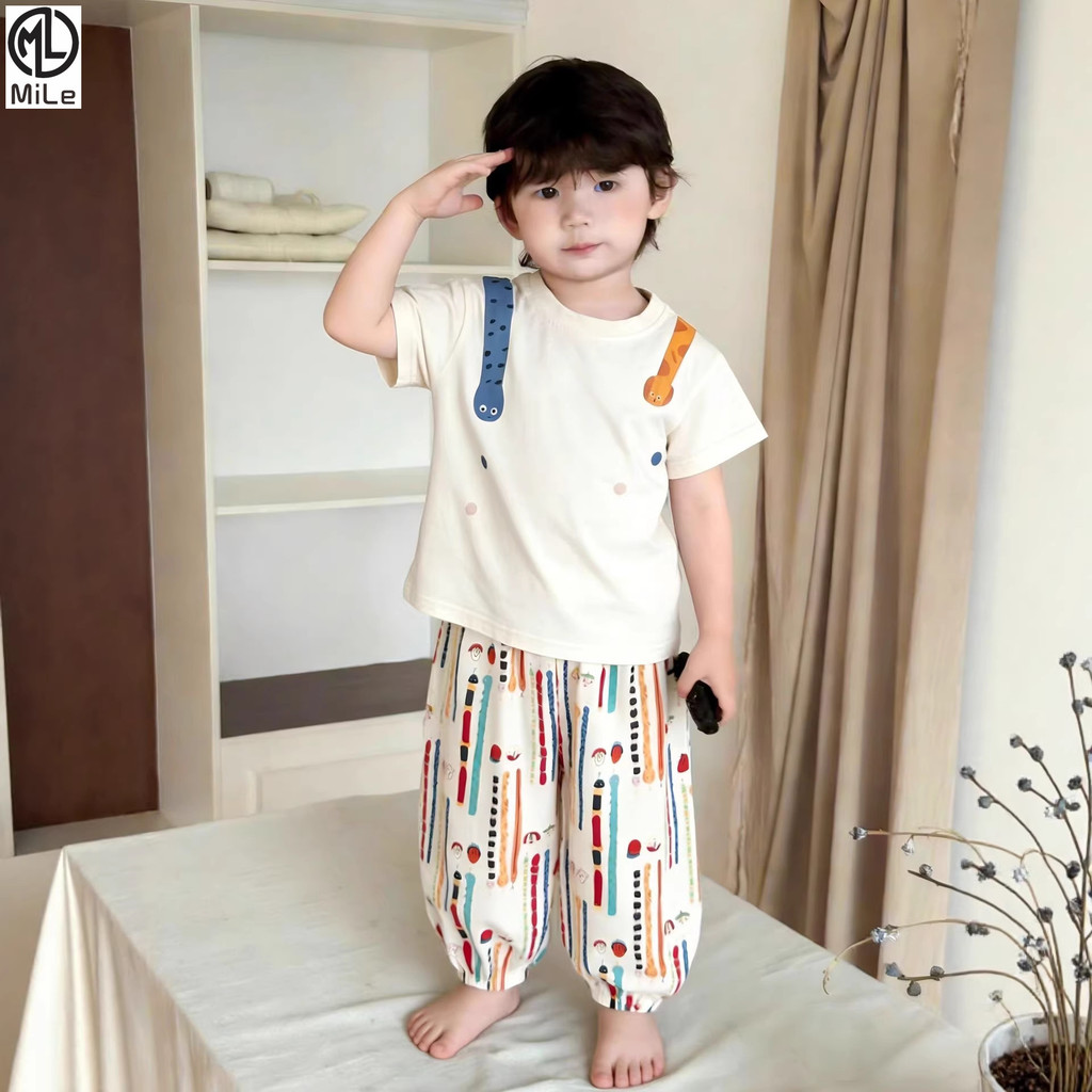 [มล] 80-150ซม เด็กฤดูร้อนแขนสั้นเสื้อยืดสูทขนาดเล็กขนาดกลางเด็กเกาหลีรุ่นแฟชั่นแขนสั้นชุดลําลองสองชิ้น