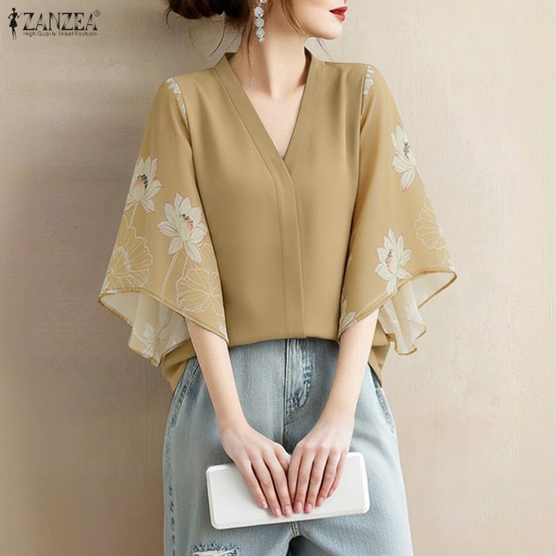 zanzea เสื้อลายดอกไม้สไตล์เกาหลีสำหรับผู้หญิง แขนบาน ทรงคล่องตัว — صورة 4