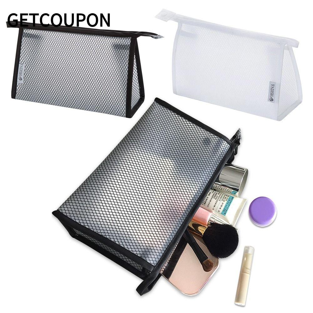GETCOUPON Makeup , กระเป๋าเครื่องสําอางกันน้ําสีดํา/ขาว, ซิป EVA Mesh Beauty Storage Pouch Women