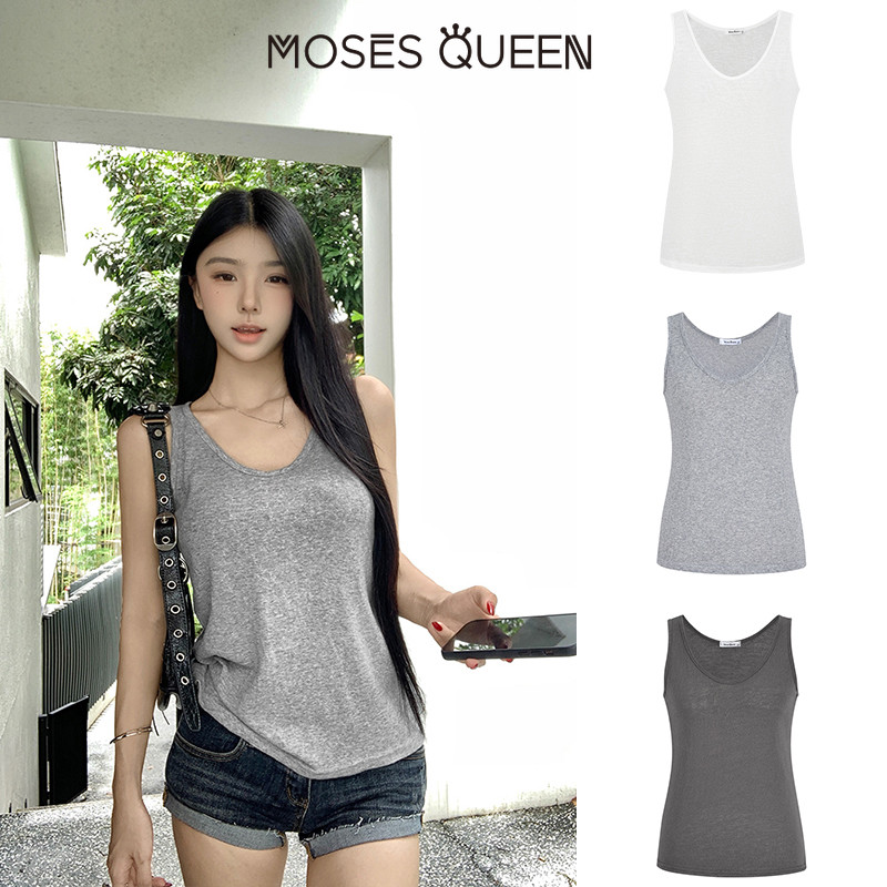 < MOSESQUEEN > เสื้อชั้นในสตรีสีขาว คอวี สไตล์เรียบหรู เหมาะสำหรับสภาพอากาศร้อนและชุดลำลอง ทรงหลวม เหมาะสวมหลายโอกาส #62853