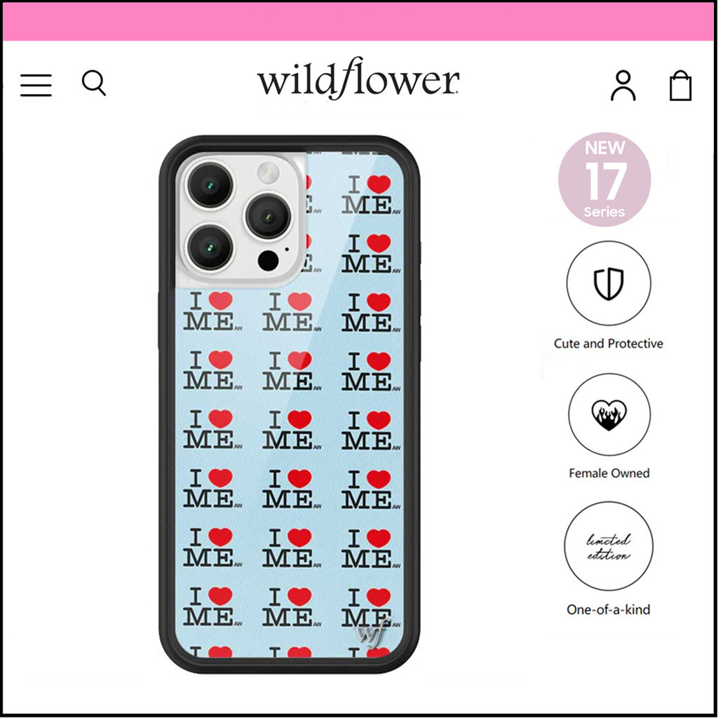 Wildflower Cases ดอกไม้ป่ากรณี Hearts สีแดงสีดํา Dainty ความงามอินเทรนด์น่ารัก I Heart Me Blue WF สําหรับ iPhone 17 16 12 15 14 Plus 13 Pro Max Air ป้องกันสีดํากันชนปลอก