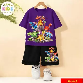 [COD]New!!!*2026-ชุดเด็กชายสนุกๆ ลายไดโนเสาร์หลายสายพันธุ์รอบภูเขาไฟ | เสื้อ+กางเกงขาสั้น ใส่สบาย คุณภาพดี | Dinosaur Vo