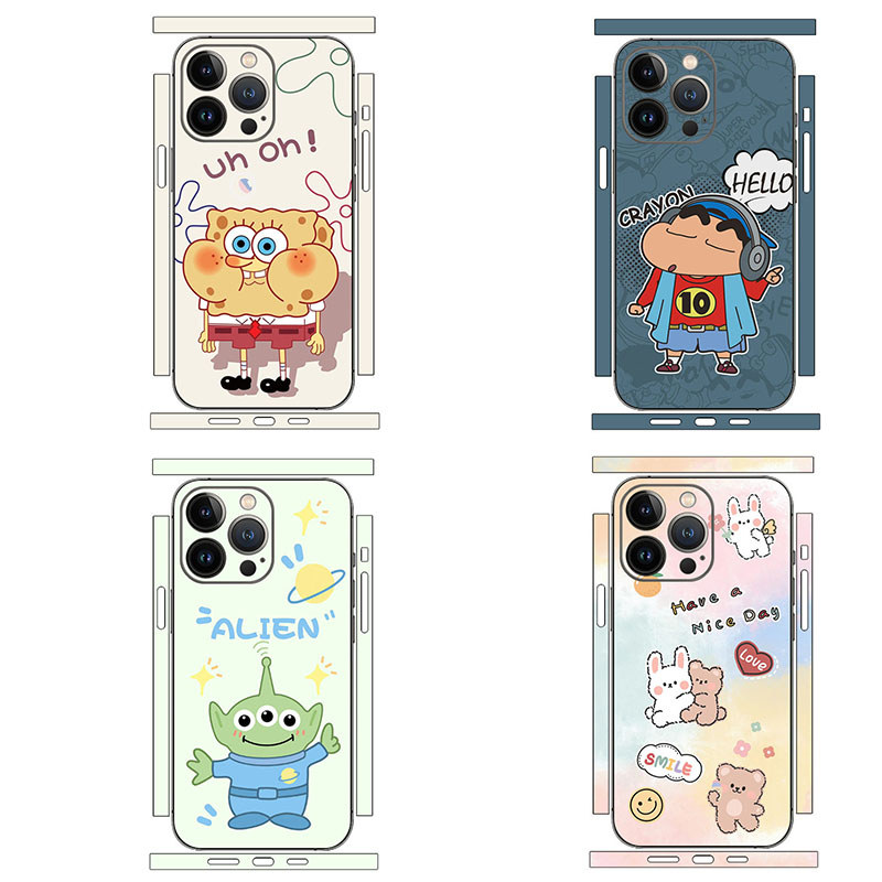 น่ารักการ์ตูนสติกเกอร์โทรศัพท์สําหรับ iPhone 12 13 14 15 16 17 Pro Max Full Wrap Anti-scratch Decal ผิว