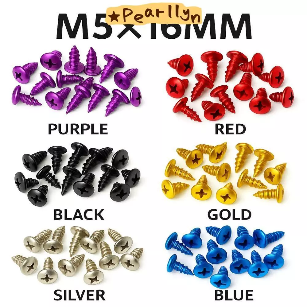 PEARLLYN สกรูแตะตัวเอง 30 ชิ้น, M5x16 ชุดสลักเกลียวตกแต่งสีสันสดใส, อัพเกรดอุปกรณ์เสริมอลูมิเนียมอัลลอยด์สากลสกรูแฟริ่งรถมอเตอร์ไซด์สําหรับการปรับเปลี่ยนรถจักรยานยนต์
