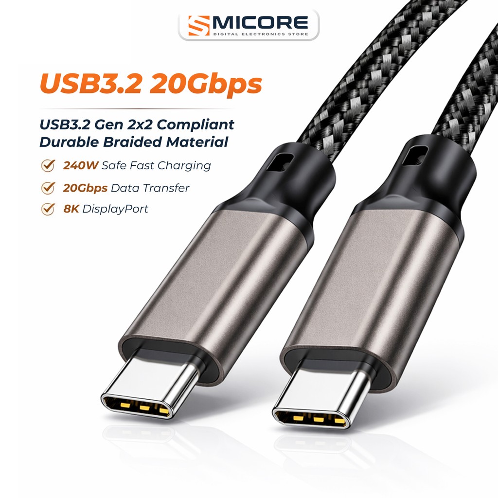 สาย USB-C 3.2 Gen2 Type-C to Type-C 20Gbps รองรับชาร์จเร็ว 240W 5A Full Function รองรับจอ 8K พร้อมชิ