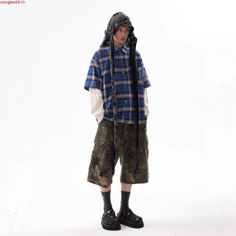 กางเกงยีนส์ขาสั้นผู้ชาย camo destroyed jorts