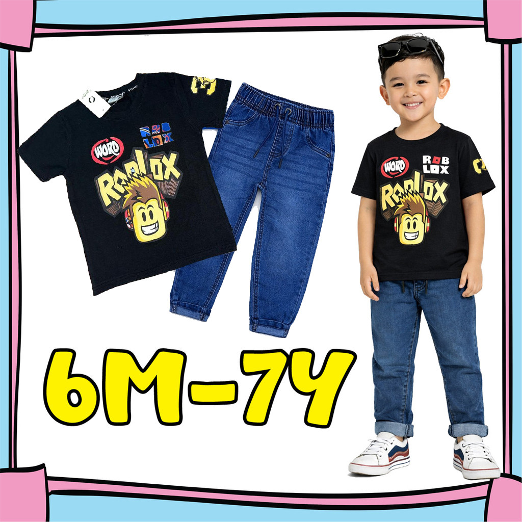 (6M-7Y) BLACK Boys Ro-Blox Shirt and Jeans Set ชุดยีนส์เด็ก/ชุดยีนส์เด็ก