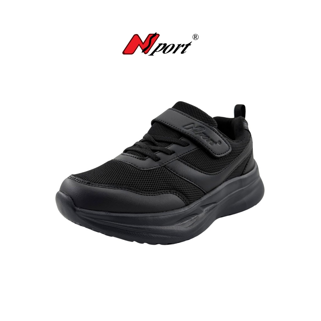 NSPORT Unisex Black Lightweight Single Velcro & Lacing School Shoes 3377-5