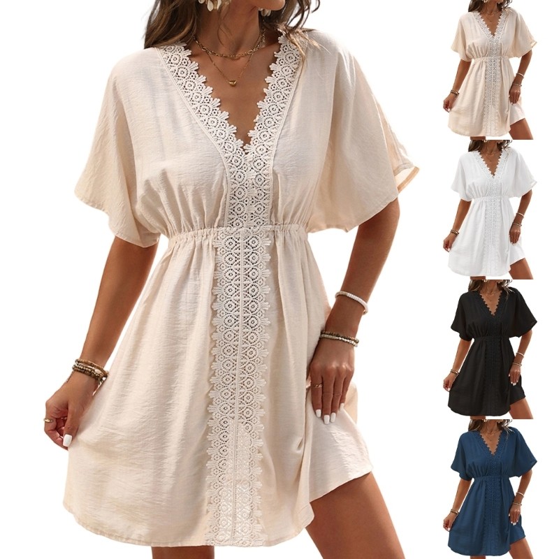Lead ชุดว่ายน้ํา Cover Ups ชุดว่ายน้ําผู้หญิง V คอ Ruffle Sleeve Soft Coverups Dress