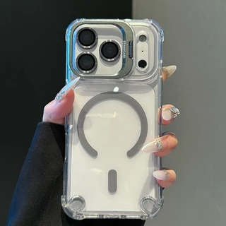 เคสโทรศัพท์แม่เหล็กโปร่งใสสําหรับ iPhone 11 12 13 14 15 16 17 Pro Max Air Plus วงเล็บเลนส์ป้องกันกรณีฝาครอบ