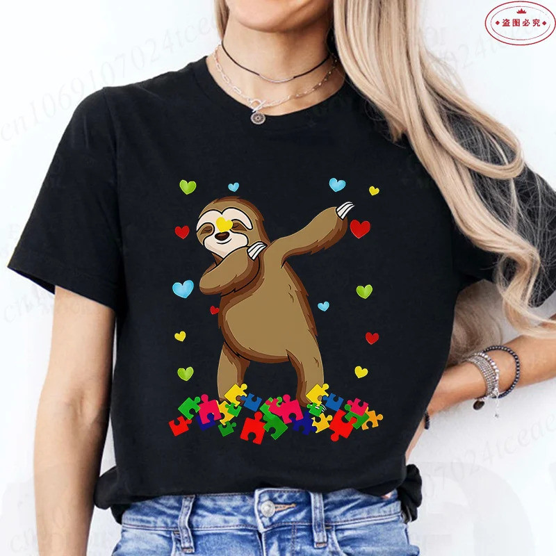 2026时尚 2026Women เสื้อยืดออทิสติก Awareness Sloth สัตว์กราฟิก Y2k Tops เสื้อแฟชั่นหญิงเสื้อผ้าฤดูร้อ