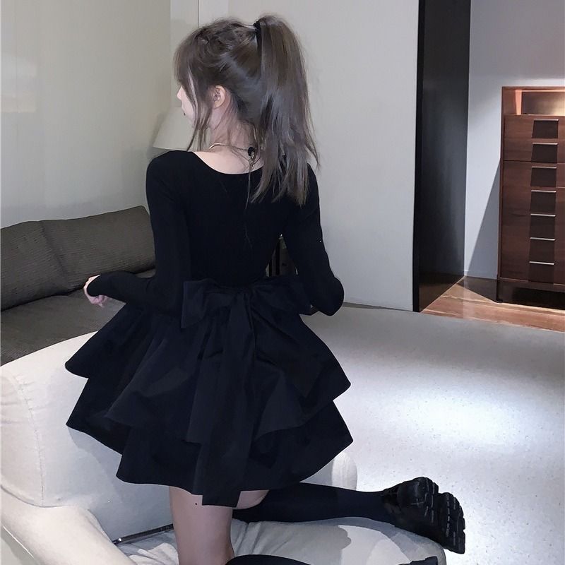 COD 2026 Slimmer ดู Laced-Up Bowknot สีดําปุยชุดผู้หญิงฤดูใบไม้ร่วงสไตล์ใหม่ขนาดเล็กสวมใส่แขนยาวกระโ