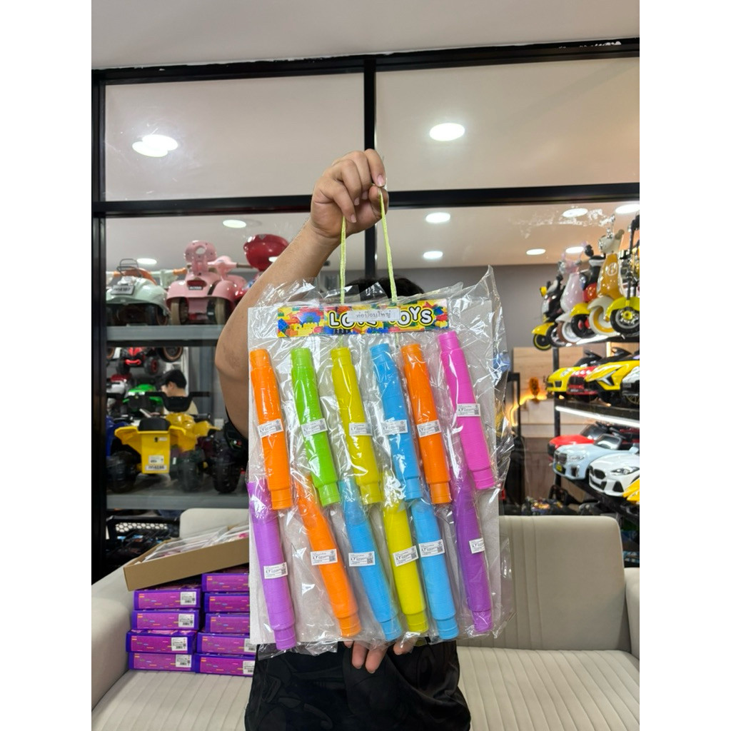 (ยกแผง12ชิ้น) ท่อป๊อยืดหดได้ สีสดใส ท่อแบบยืดหยุ่น ของเล่นเด็ก No.PA0709_ท่อป๊อป
