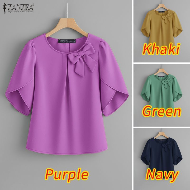 ZANZEA เสื้อผ้าสำหรับผู้หญิงสไตล์เกาหลี แบบเสื้อคอกระดุมแขนโบว์ตกแต่ง ราคา ถูกที่สุด ดีลบีเคเค แกลเลอรีภาพที่ 3