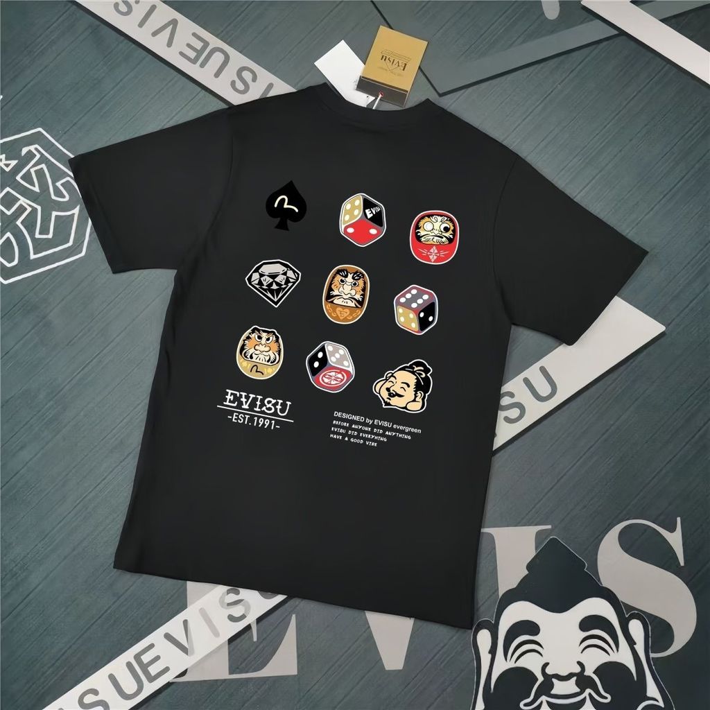 EVC High Street Wear ฤดูร้อนสไตล์ใหม่ผู้ชายลูกเต๋าเพชรธรรมะพิมพ์ลําลองหลวมรอบคอแขนสั้นเสื้อยืดด้านบน