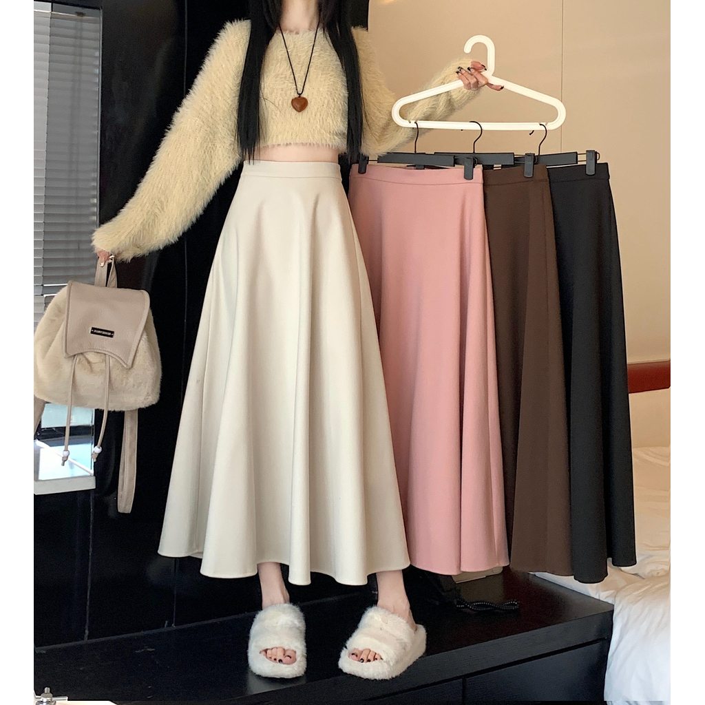 หนาทําด้วยผ้าขนสัตว์จีบกระโปรงกระโปรงยาวกลางฤดูใบไม้ร่วงขนาดบวกไขมันมมลูกแพร์รูปร่างSlimmerดูA-Lineร