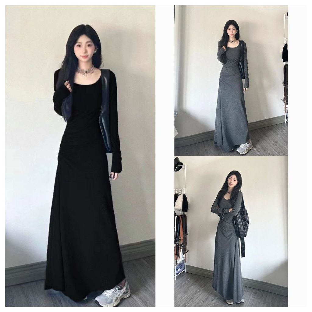 COD 2026 สาวร้อน Pure Desire แขนยาวผู้หญิงฤดูใบไม้ร่วง Slim-fit แคบ-เอว Slimmer ดูสีเทา Over-the-Kne