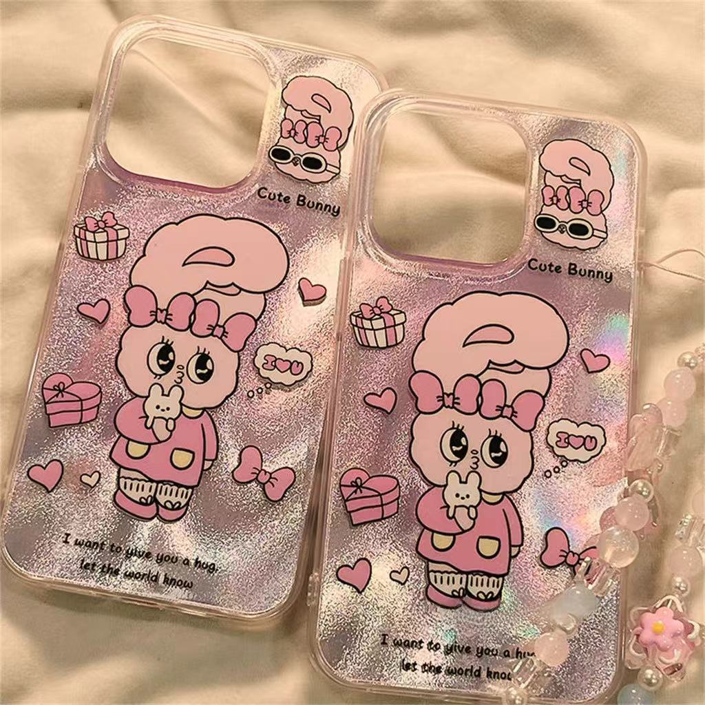 การ์ตูนกระต่ายสีชมพูสาวสร้อยข้อมือสุดหรูน้ำอ่อนนุ่ม เคส IPhone 17 16 15 11 13 14 12 Pro Max Air XR 14 7 16 8 Plus XS MAX