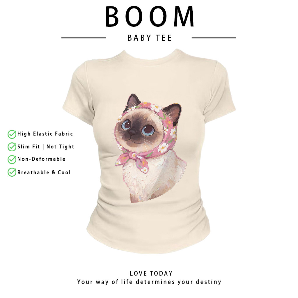 COD（จัดส่งภายใน 24 ชั่วโมง）เสื้อสาวอวบ เสื้อครอปท็อป แขนสั้น babytee สไตล์เกาหลี y2k T-shirt | แมวน่ารัก