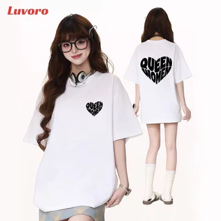Luvoro (ผ้าฝ้าย 100%) 2026รุ่นใหม เสื้อยืดผ้าฝ้ายแท้ 100% สไตล์ขนาดใหญ่ ลายตัวอักษรรูปหัวใจ oversize T-shirt สีดำและขาว สำหรับผู้ชายและผู้หญิง เสื้อยืดทูโทน เสื้อยืดแขนสั้น C2520