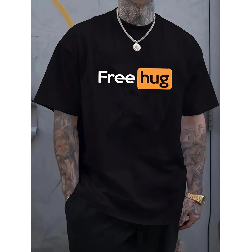 ผู้ชาย เสื้อยืดกราฟิก "Free Hug" สีดำ เสื้อยืดแขนสั้นแบบสบายๆ ดีไซน์หัวใจสีส้ม เสื้อยืดแบบเบาสบาย น้ำหนักเบา ทรงปกติ