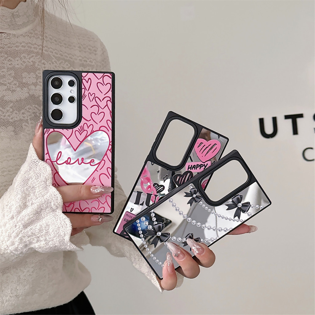 Logoless Mirror Retro Y2K Style Sweet Cool Pink Love Bow Hard Case Cover Casing สําหรับ Samsung S25 