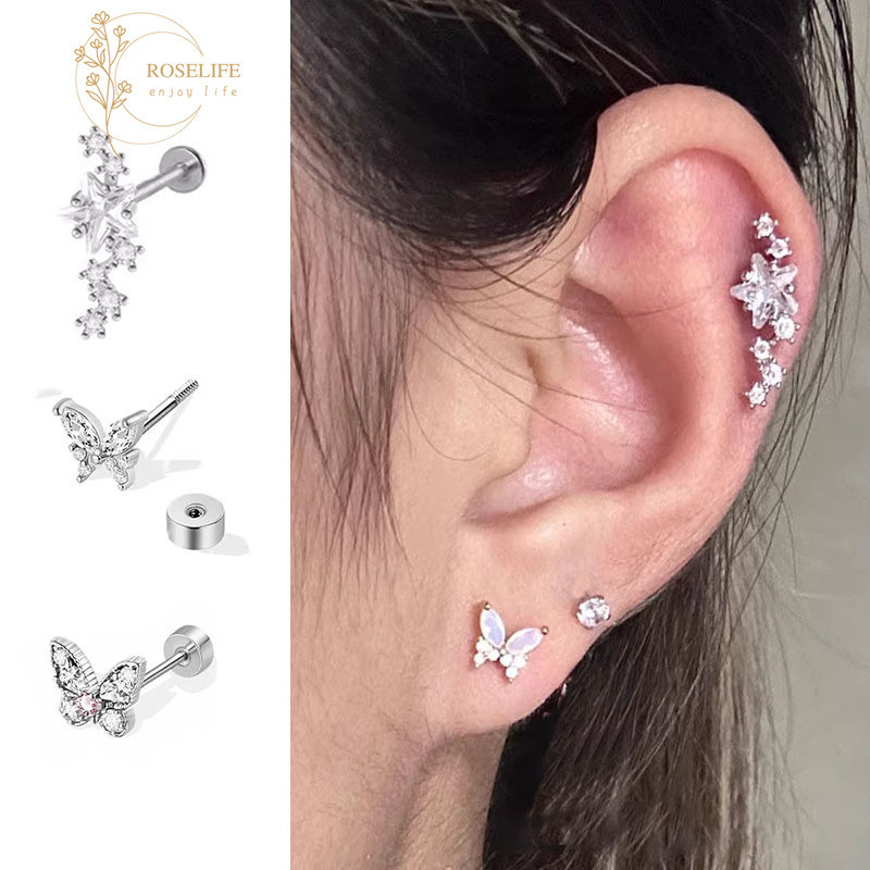 Roselife Delicate 1 Pc Shining โอปอลคริสตัล Star ผีเสื้อสกรูต่างหูสําหรับผู้หญิงแฟชั่น Pierced หู Studs เครื่องประดับ