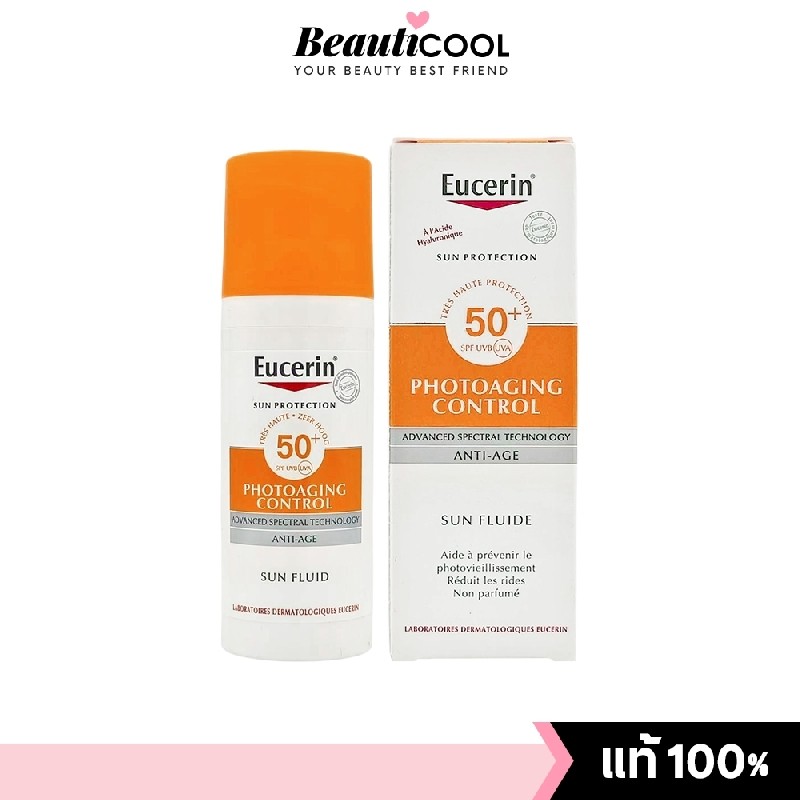 Eucerin Sun Photoaging Control Anti-age Fluid SPF50 50ml ครีมกันแดดเนื้อฟลูอิดบางเบา สูตรลดเลือนริ้วรอย