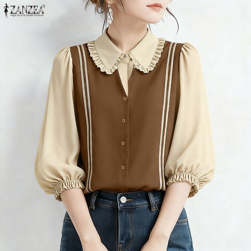 ZANZEA ชุดกระโปรงสไตล์เกาหลีสำหรับผู้หญิง ดีไซน์ตุ๊กตา แขนสั้น มีระบายและขอบข้อมือตัดกัน - รูปที่ 3