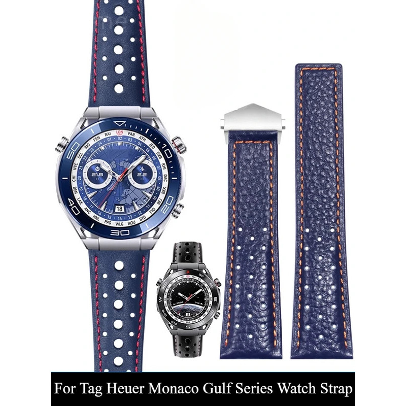 TAG HEUER สีดําสีฟ้านุ่มสบายระบายอากาศหนังวัวแท้สายนาฬิกาสําหรับแท็ก Heuer Monaco Gulf Series Dainty