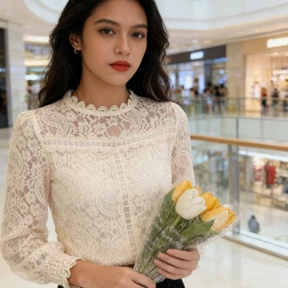 เสื้อเบลาส์แขนยาวลูกไม้ สไตล์สวยหรู สำหรับฤดูใบไม้ร่วง