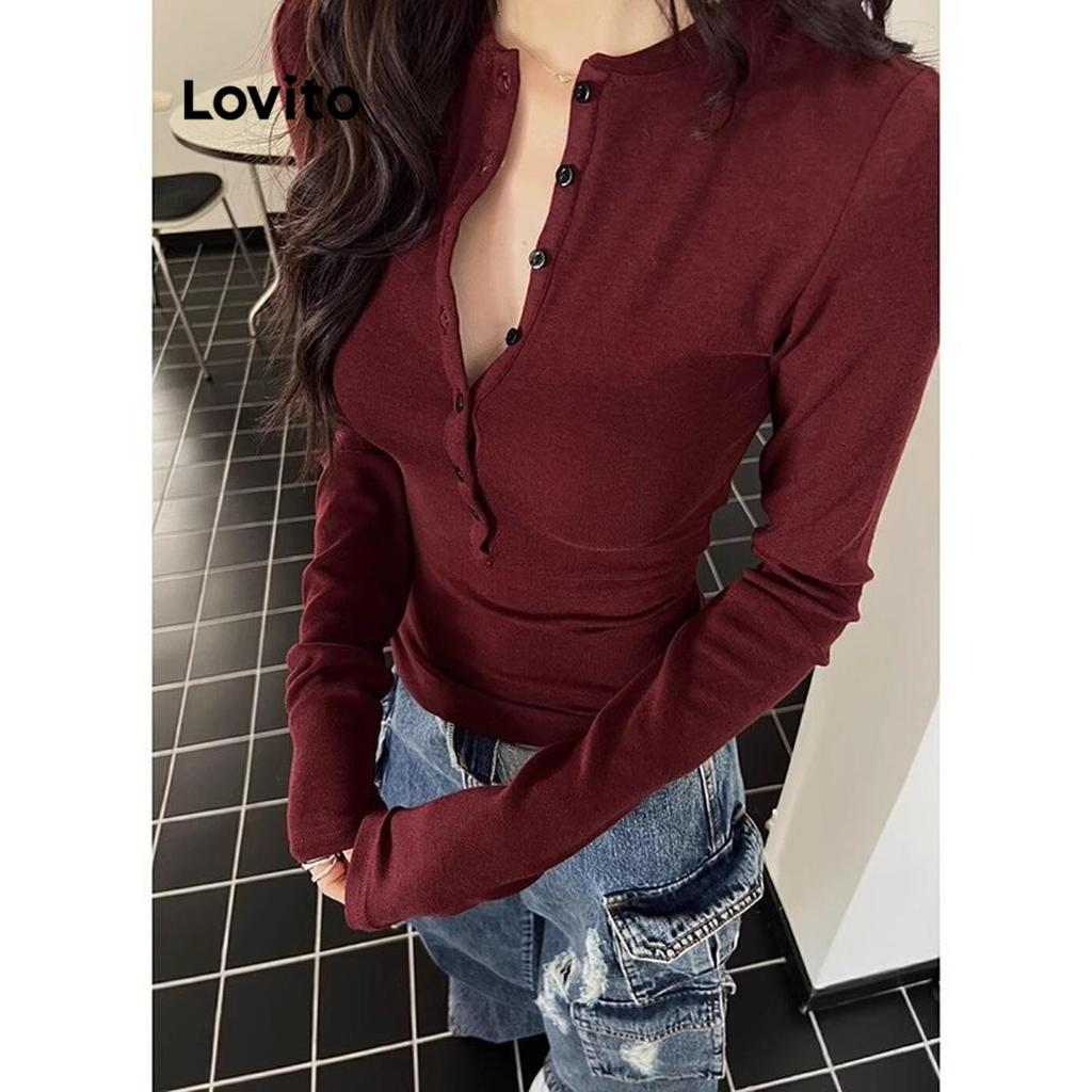 Lovito เสื้อยืดลำลองเรียบๆ ติดกระดุม สำหรับผู้หญิง LNA71314