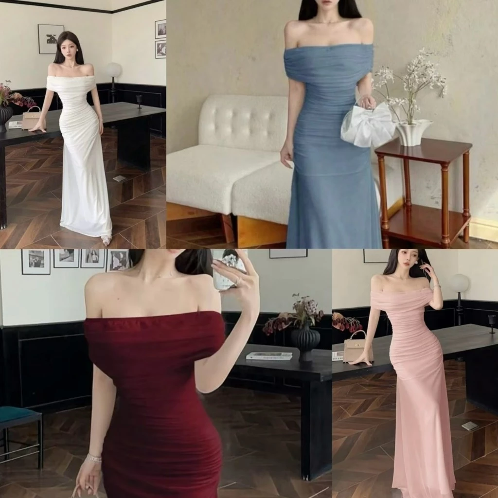 A050 -ชุดออกงาน เดรสยาวปาดไหล่ ชุดไปงานแต่ง ชุดออกเดทสวยๆ