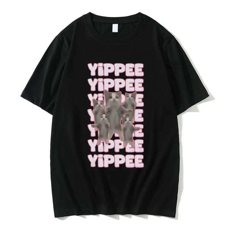 เสื้อยืดลายแมวตลก Yippee สำหรับผู้ชายและผู้หญิง เสื้อยืดลายแมวสุดน่ารัก เสื้อยืดคอกลมลำลองแบบยูนิเซ็