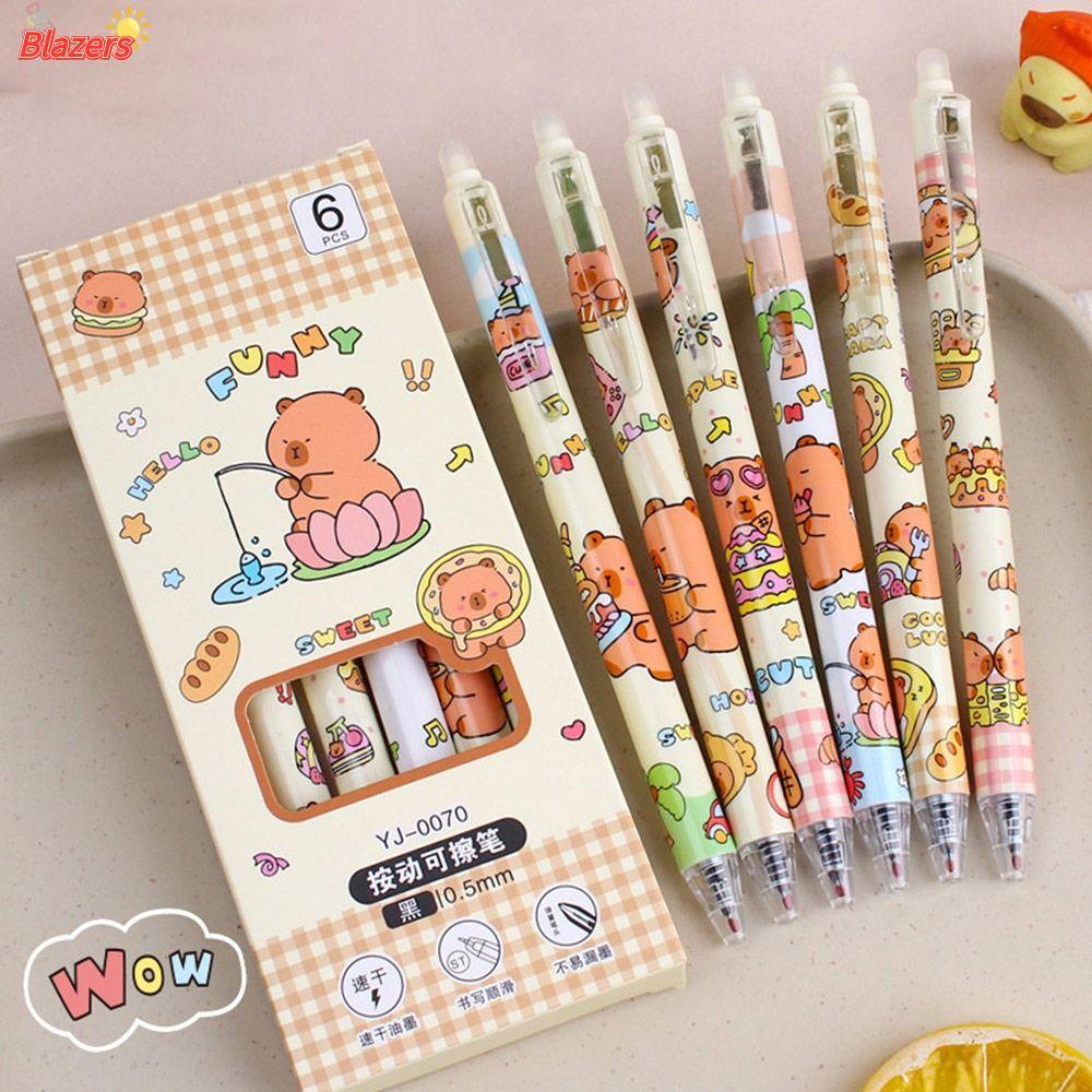 BLAZERS 6 ชิ้น/ล็อตกดปากกาลบได้, Quick-drying การ์ตูน Capybara ปากกาเจล,ทนทาน 0.5 มม.ปากกาสีฟ้าโรงเรียนสํานักงานเขียนเครื่องเขียน