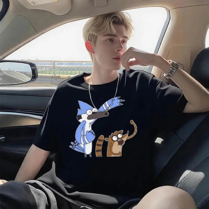 เสื้อยืดลายการ์ตูนคลาสสิก Mordecai and Rigby จากซีรีส์ Regular Show ผลิตจากผ้าฝ้าย เหมาะเป็นของขวัญ