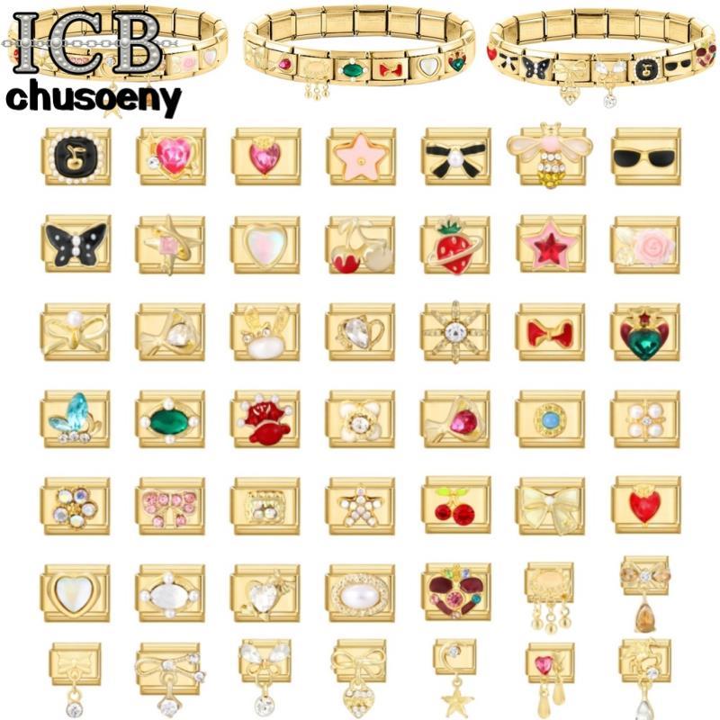 สตรอเบอร์รี่สีทองเชอร์รี่โบว์เพชรอิตาเลี่ยน Charm สร้อยข้อมือ Fit 9 มม.สร้อยข้อมือสแตนเลส DIY เครื่องประดับทําอุปกรณ์เสริม Retro บุคลิกภาพโมดูลสร้อยข้อมือเครื