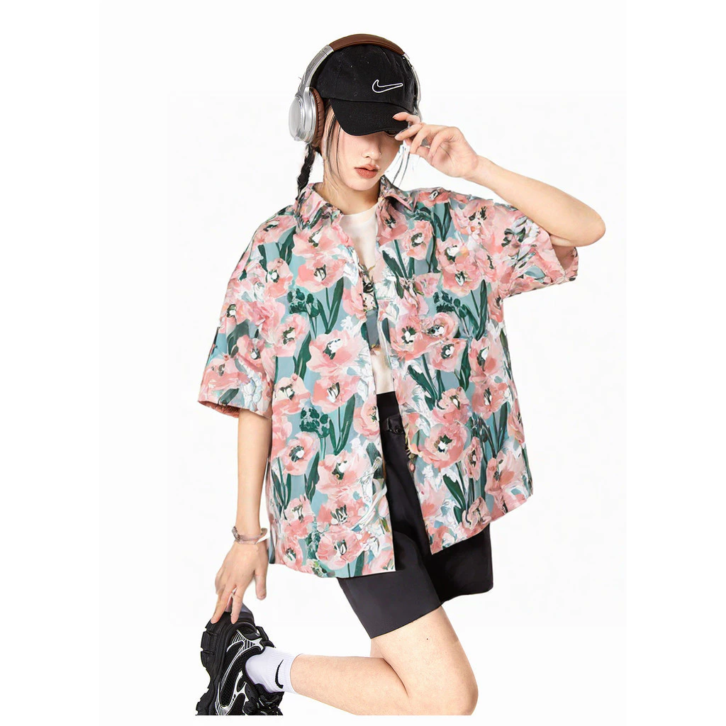 เสื้อสงกรานต์ผู้หญิง ลายดอกไม้ แขนสั้น ลายดอกไม้สีฟ้าชมพู เสื้อฮาวาย thumbnail 8