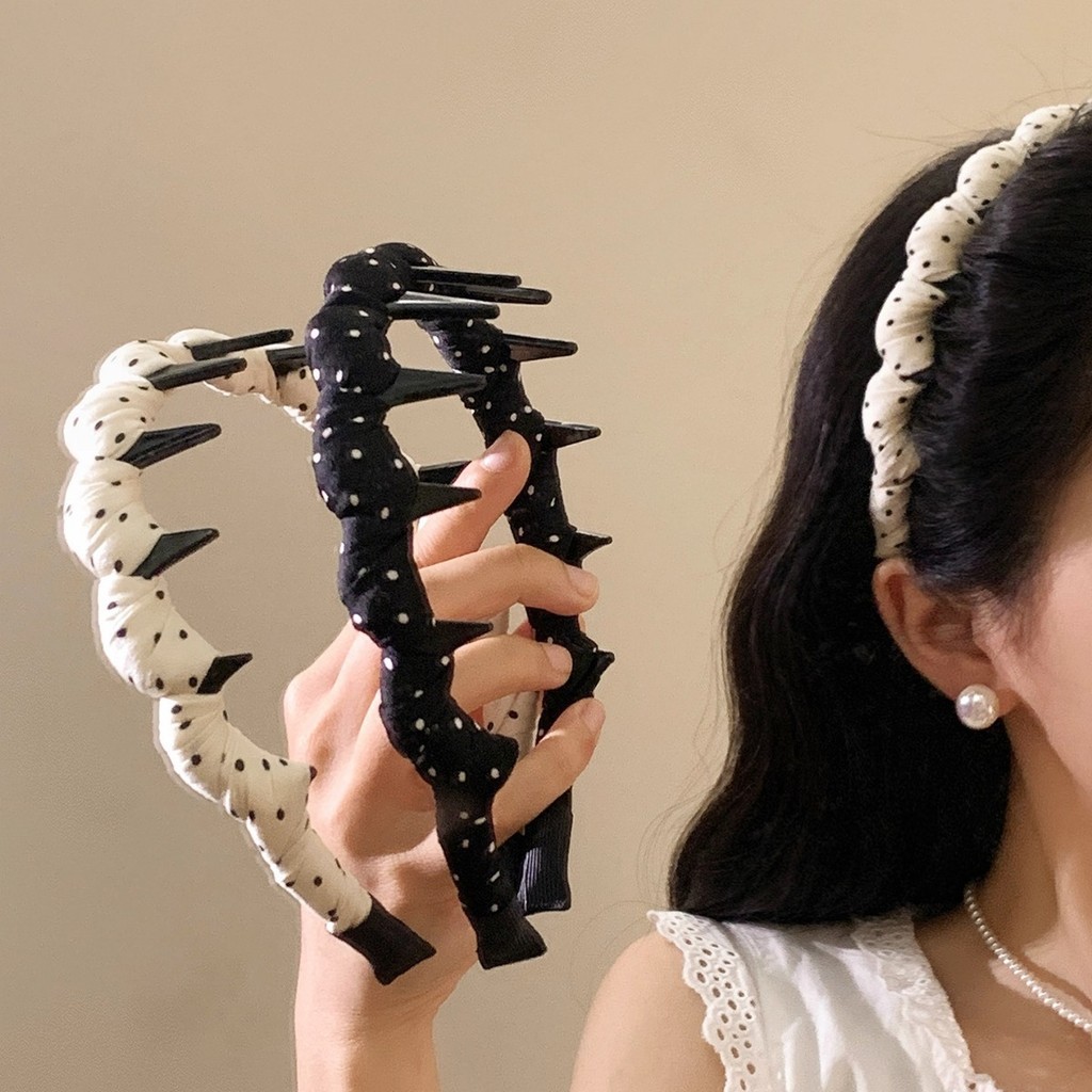 หมวกปักจุดขาว พร้อมแถบคาดศีรษะคลื่นฟัน สำหรับ 여성