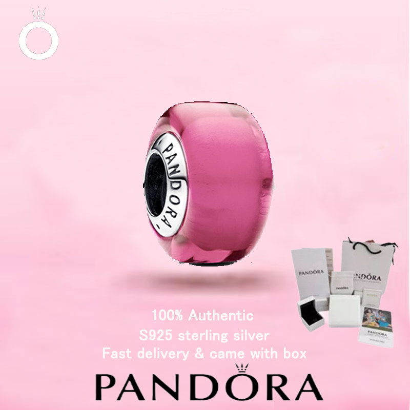 เครื่องประดับเงินSterling S925 Pandora พร้อมสร้อยหัวใจแก้วมุราโน่ชมพู สไตล์วันวาเลนไทน์