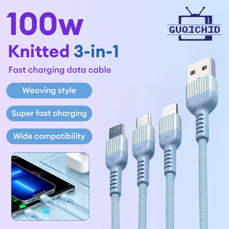 สายเคเบิลข้อมูล สายชาร์จเร็ว สายชาร์จเร็ว 100W แบบถัก 3-in-1 สำหรับ Android/IP/Type-C Honor VIVO และ Huawei Samsung
