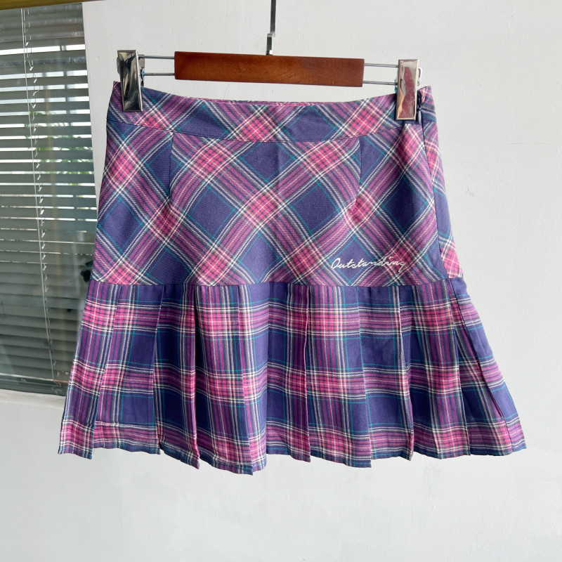 2E-18 ฤดูร้อนผ้าฝ้ายแท้ตรวจสอบกระโปรงจีบที่มองไม่เห็นซิปกระโปรงสั้นหญิง Dopamine Youth D25-4